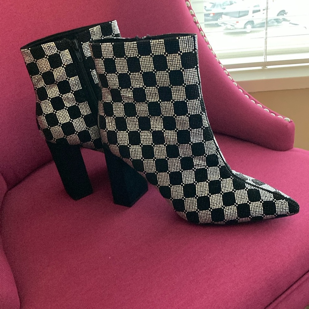 Checkered Black and Silver Bling Women's Ankle Boots